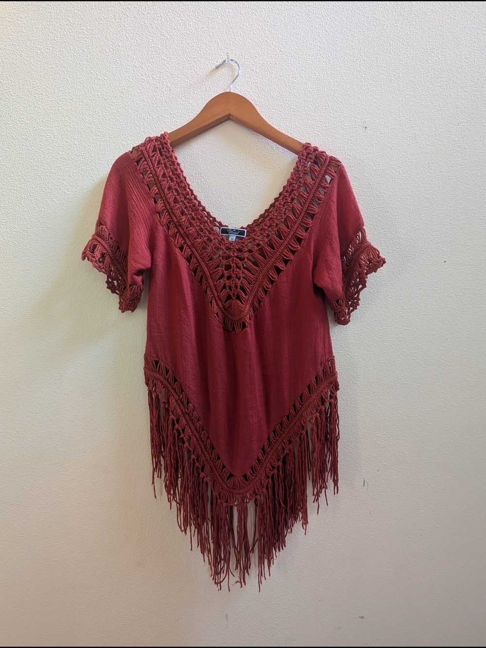 Boho Crochet V-Neck Fringe Tunic Top - Rust